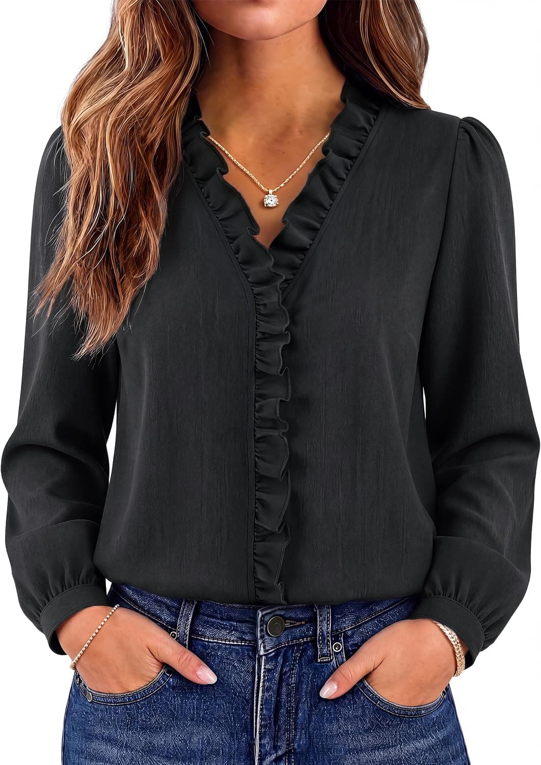 Fayenne Women Washed Denim Shirt V Neck Blouse Dressy Casual Ruffle top