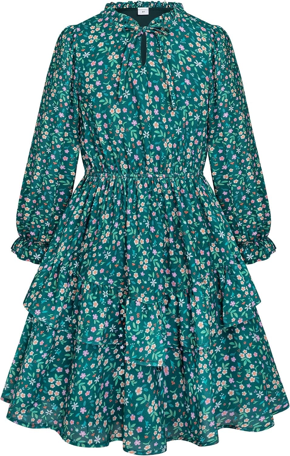 HOZIY Girls Fall Dresses Floral Holiday Smocked Waist Long Sleeve Tiered Ruffled Midi Dress 6-14Y