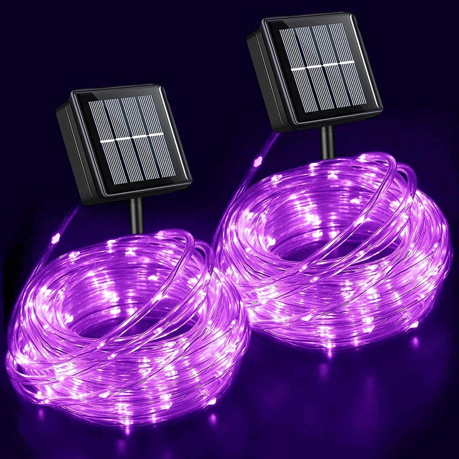 YEGUO Solar Halloween Lights, 2 Packs Each 33ft 100 LED String Lights Outdoor Waterproof, 8 Modes Fairy Lights in Clear Thin Tube for Camping Fence Patio Garden Trampoline Deck(Purple)