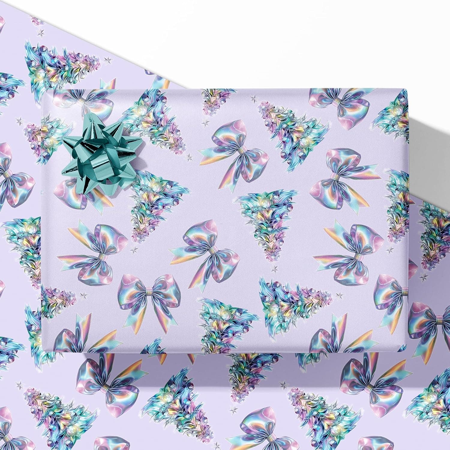 Vnaaem Jumbo Bow Christmas Wrapping Paper Roll for Women Girls - Colorful Purple Rainbow Bow, Xmas Trees Design Birthday Gift Wrap for Holiday Party Christmas - 28 x 40 In Per Sheet（4 Pcs）