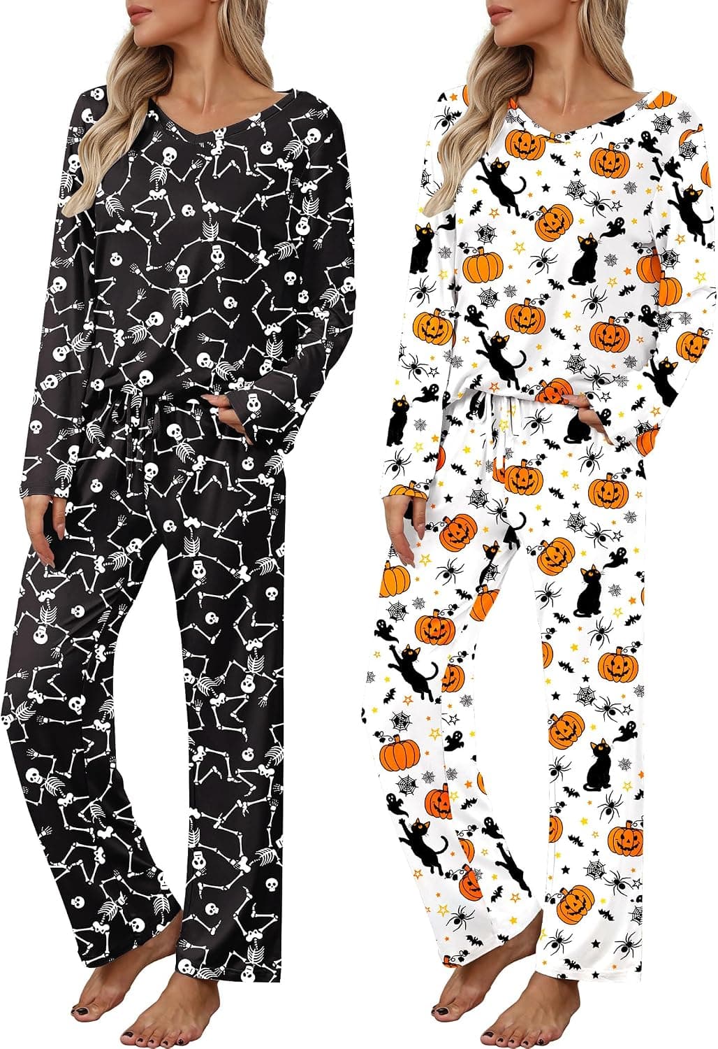 Ekouaer Women's 2 Pack Long Sleeve Pajama Sets V Neck Lounge Sets