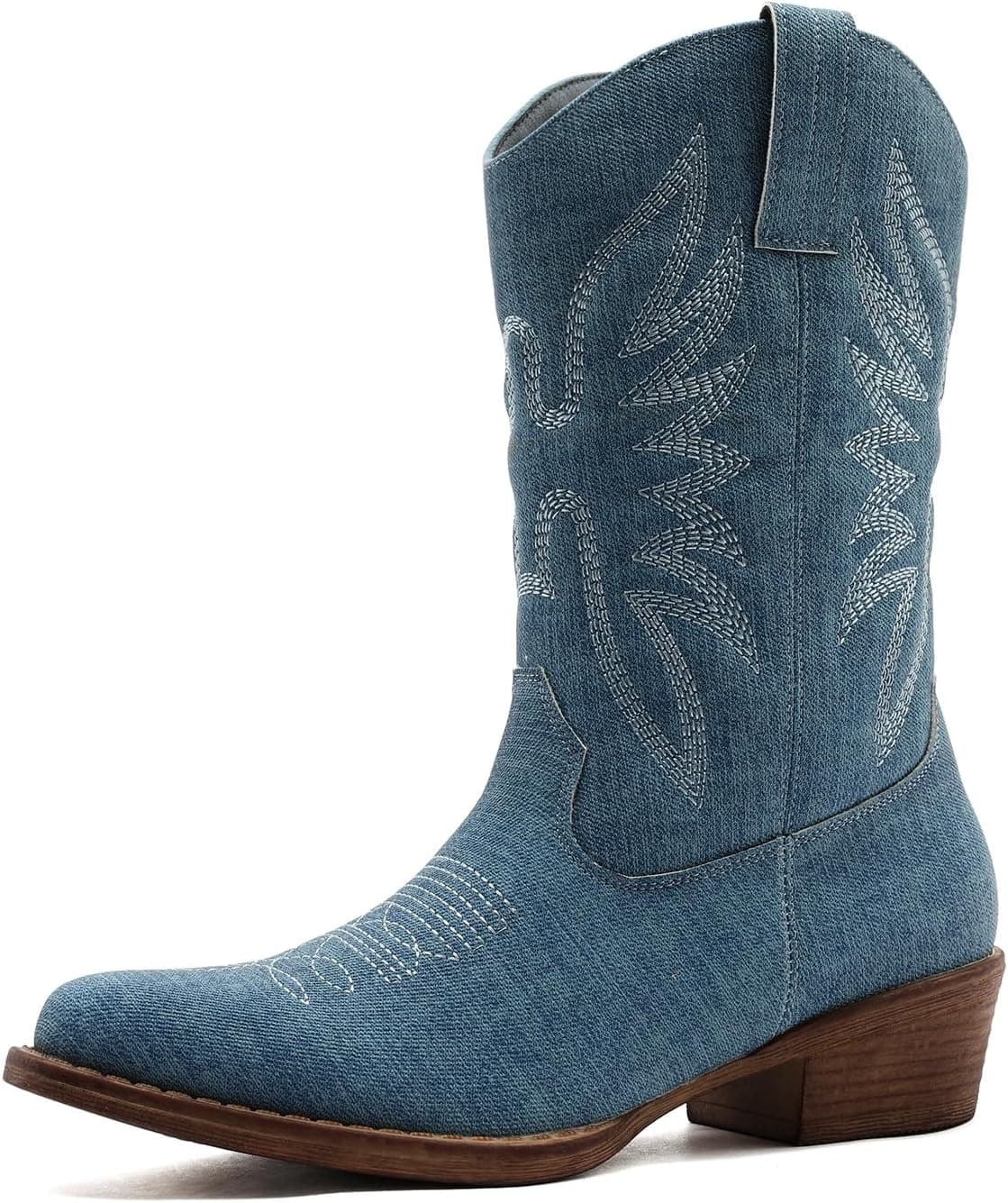 GLOBALWIN Cowboy Boots For Women Women's Mid Calf Boots | Low Heel, Comfortable, Embroidered Western, Snip Toe, Mid-Calf