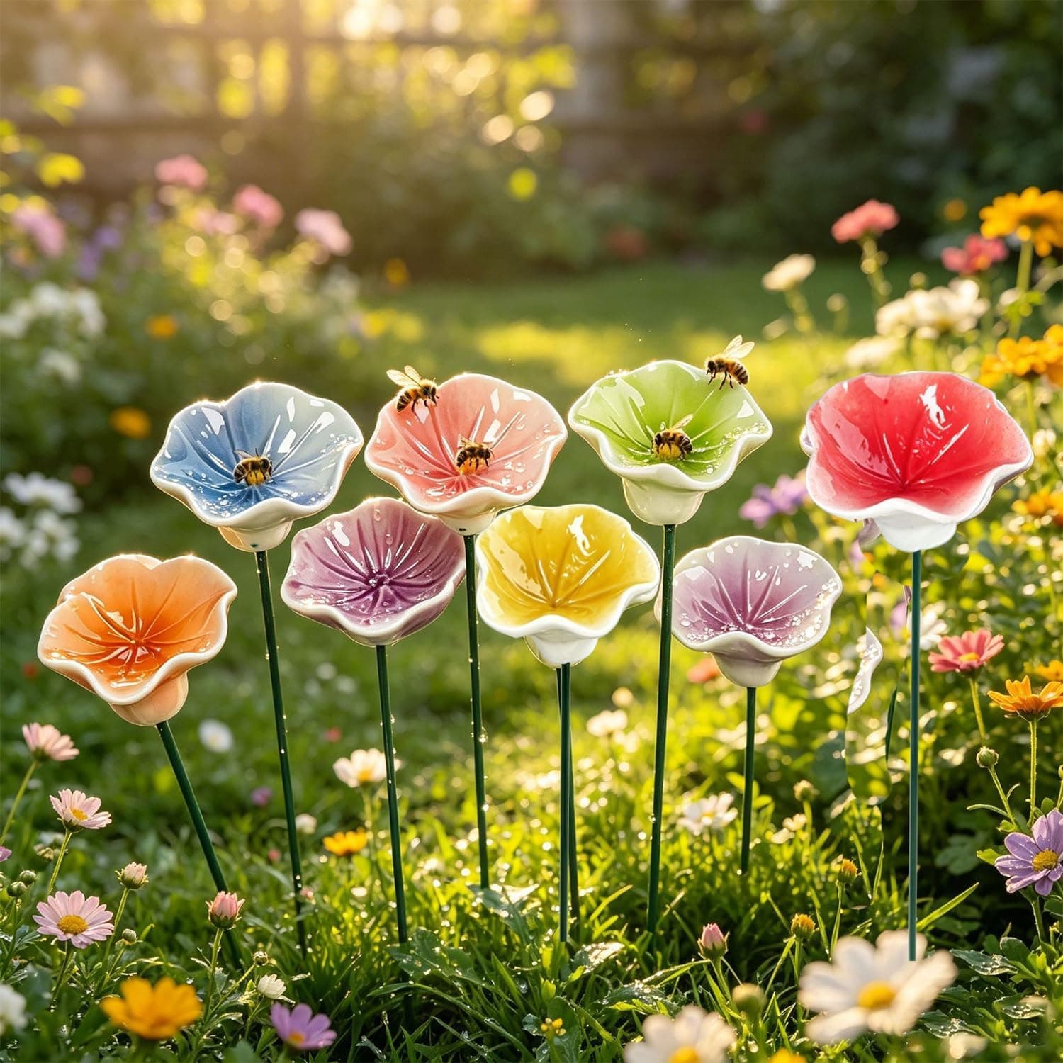 8 pcs Ceramic bee Watering Station for Garden Ceramic Mini Flower for Bees Blossoms for Water (8-Color Lotus Leaf Flower, 4.5cm)