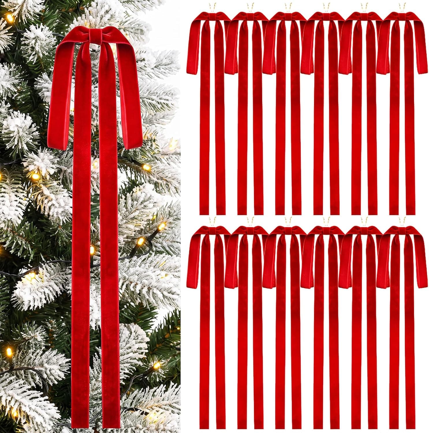 Zesliwy 12 Pcs Long Red Christmas Velvet Bows Ribbons Vintage Ornaments