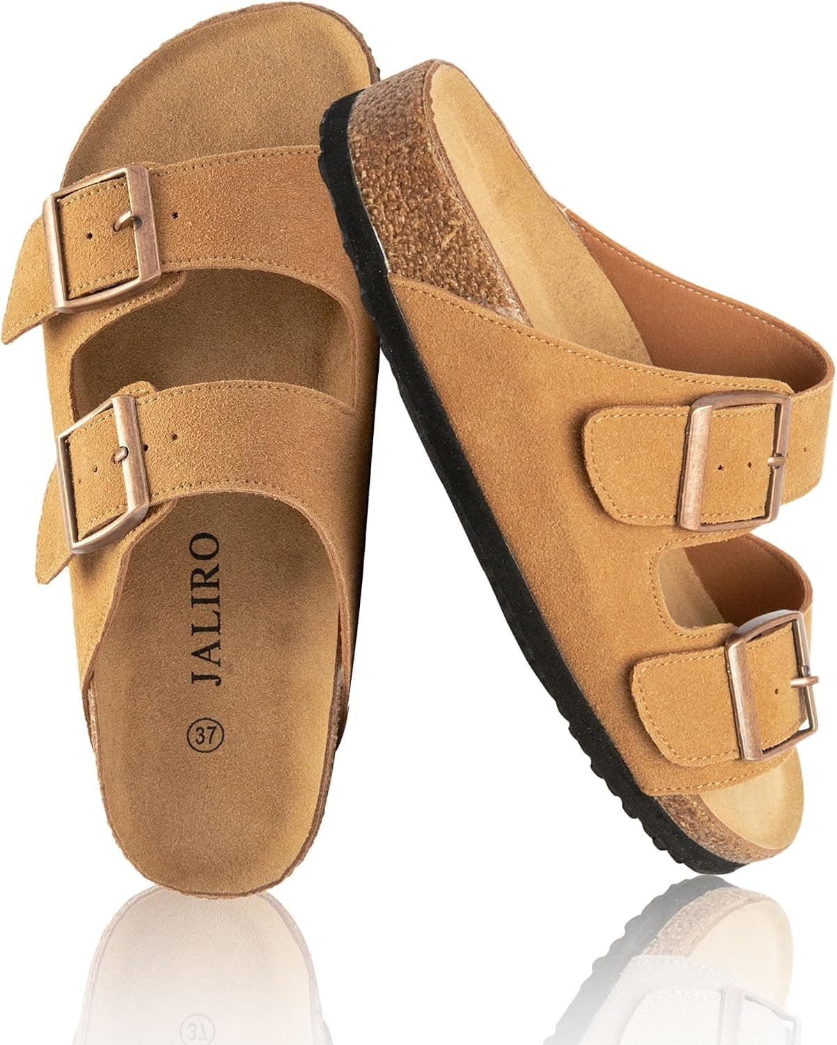 JALIRO Women's Cork Sandals Open Toe Casual Summer Slides, Light Grey, 6
