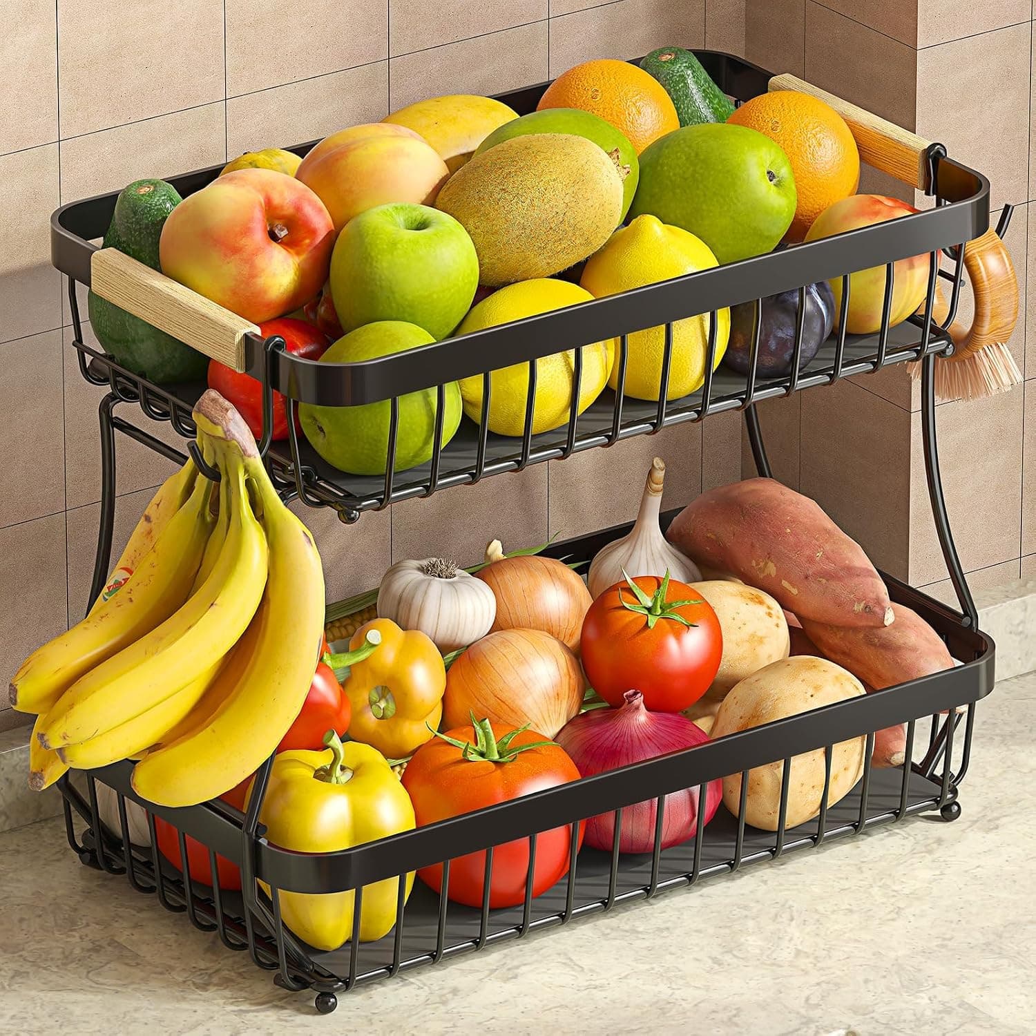 Sevenblue 2-Tier Fruit Basket with Banana Hangers, Detachable Metal Bowl