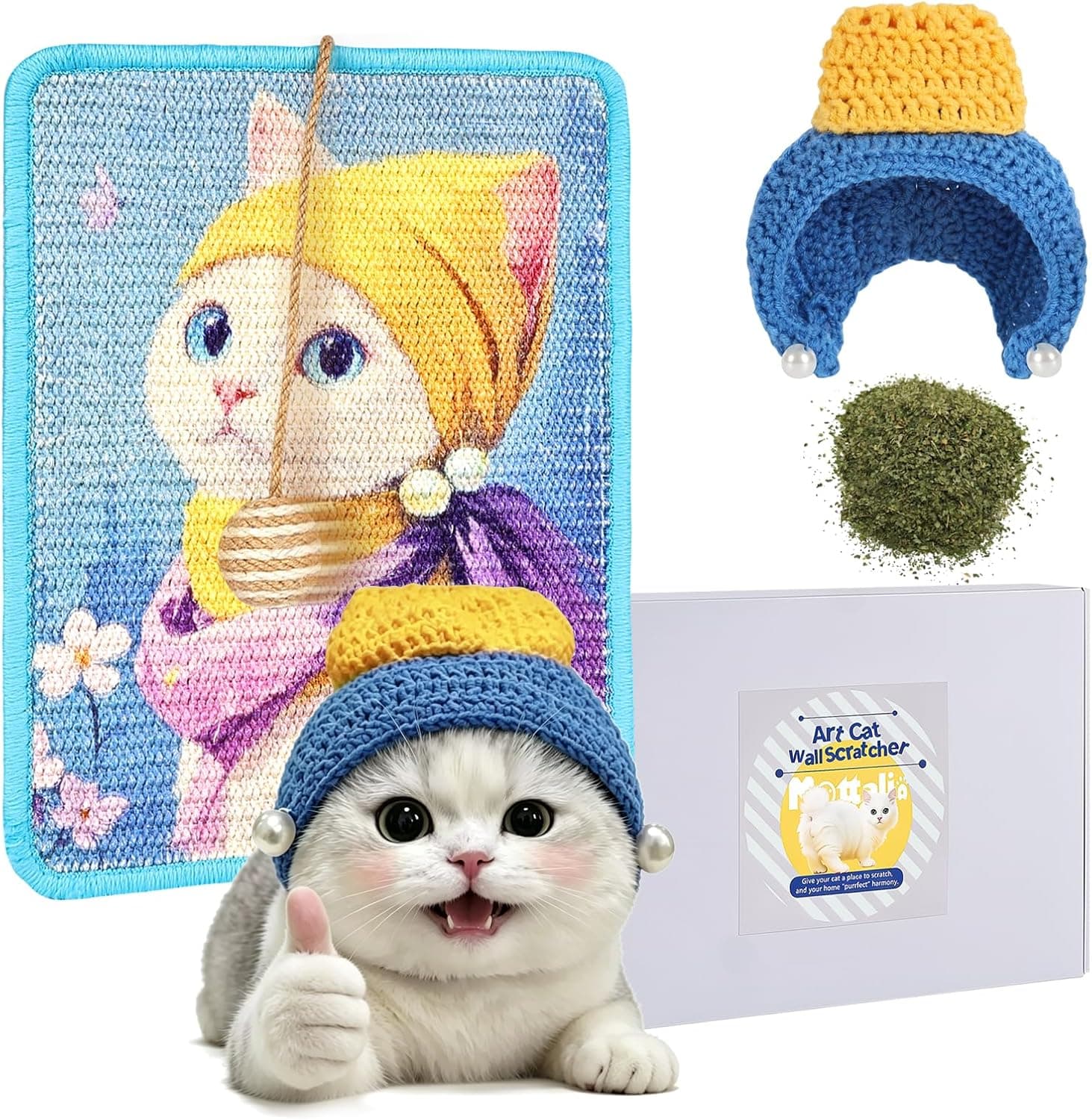 Sisal Art Cat Scratcher, Wall-Mountable Cat Scratching Board, Cat Wall Scratcher, Cute Cat Hat, Cat Scratching Post to Protect Couch and Carpet, Decorative Wall Art