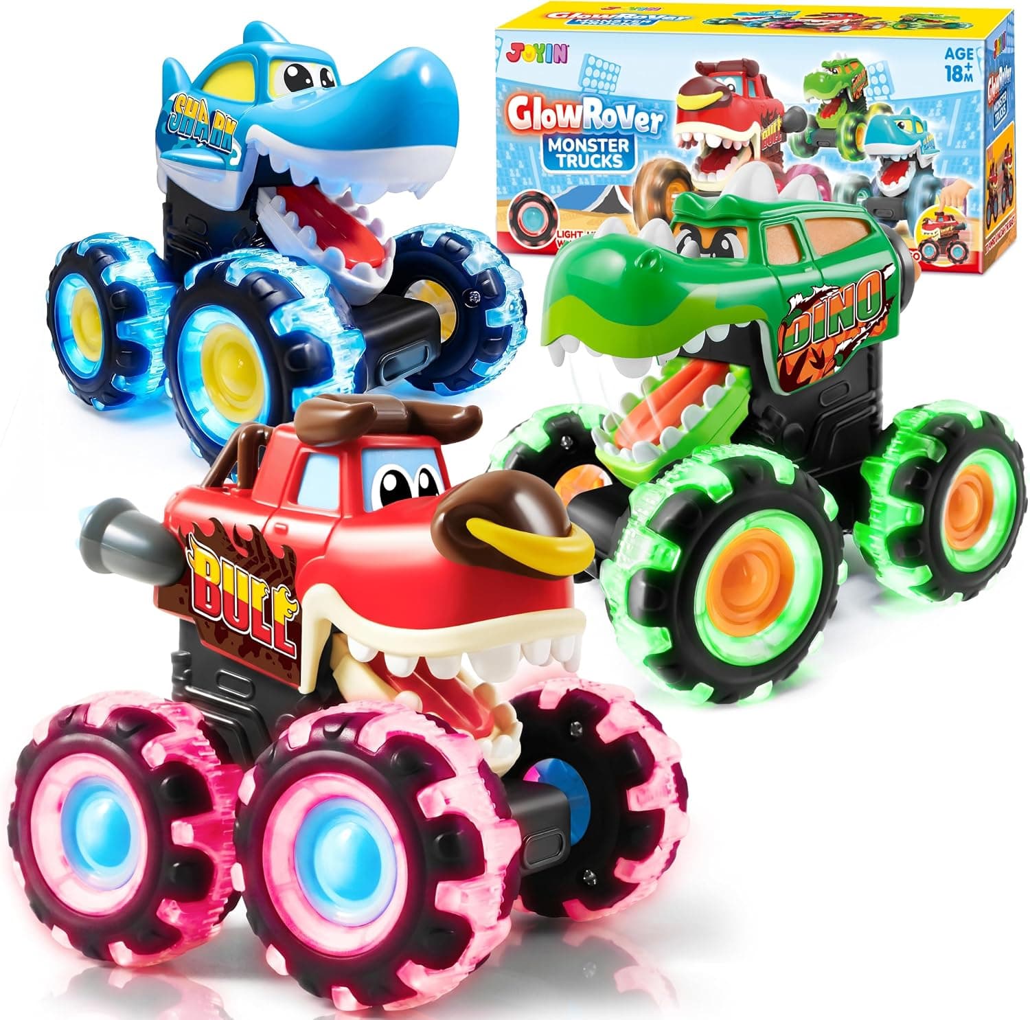 JOYIN 3 Pack Monster Truck Toy - Motion Activated Light Up Cars for Toddlers - Monster Glow Rover LED Wheels - Baby Boy Toys - Press and Go Dinosaur Trucks for Kids Boy Birthday Gifts