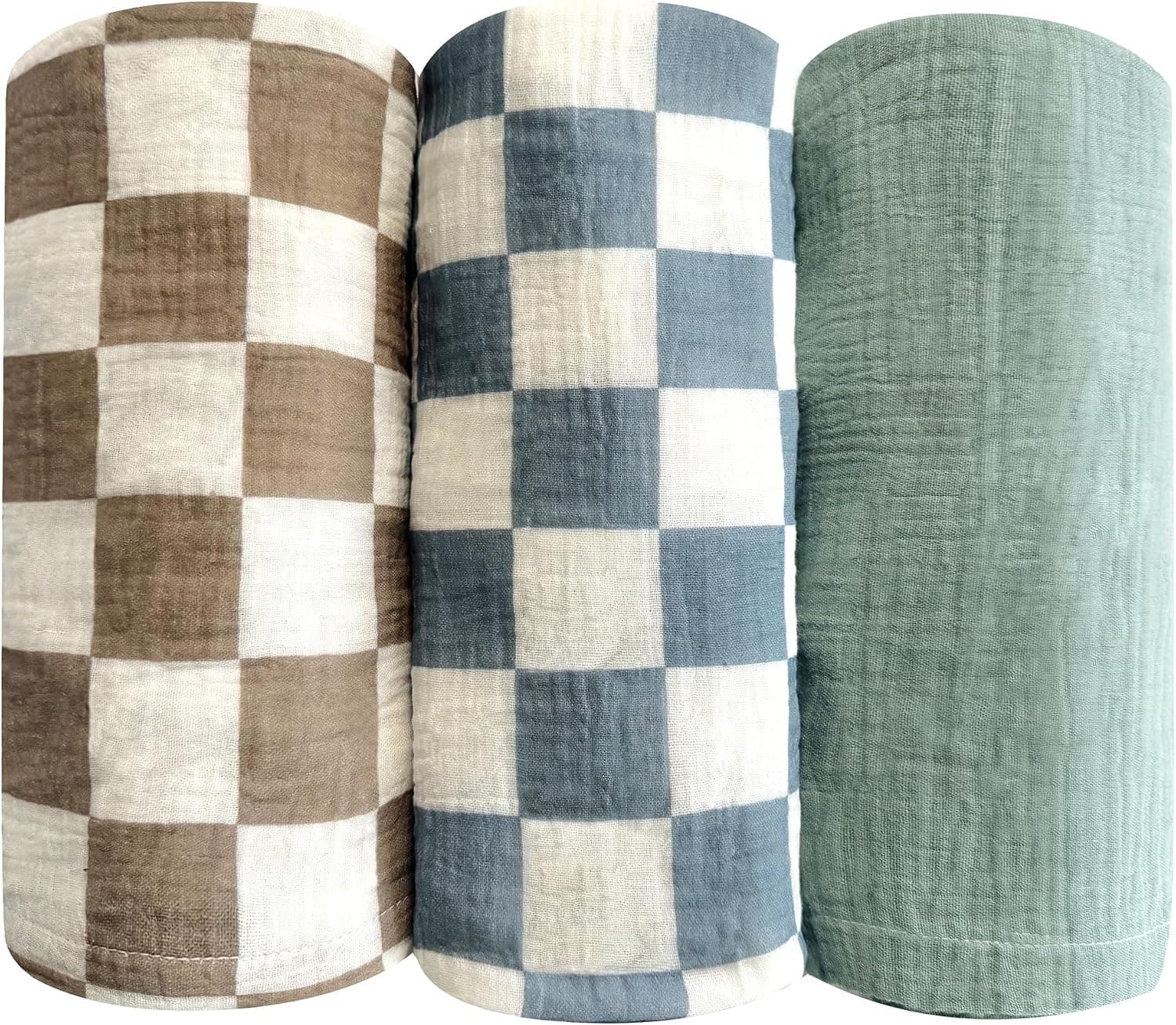 3 Pack Ultra Soft Checkered Muslin Swaddle Blankets 38"x40" Cotton Newborn Muslin Receiving Blankets for Baby Boys Infant Essentials Blanket for Stroller Crib Tummy Time Coffee Blue