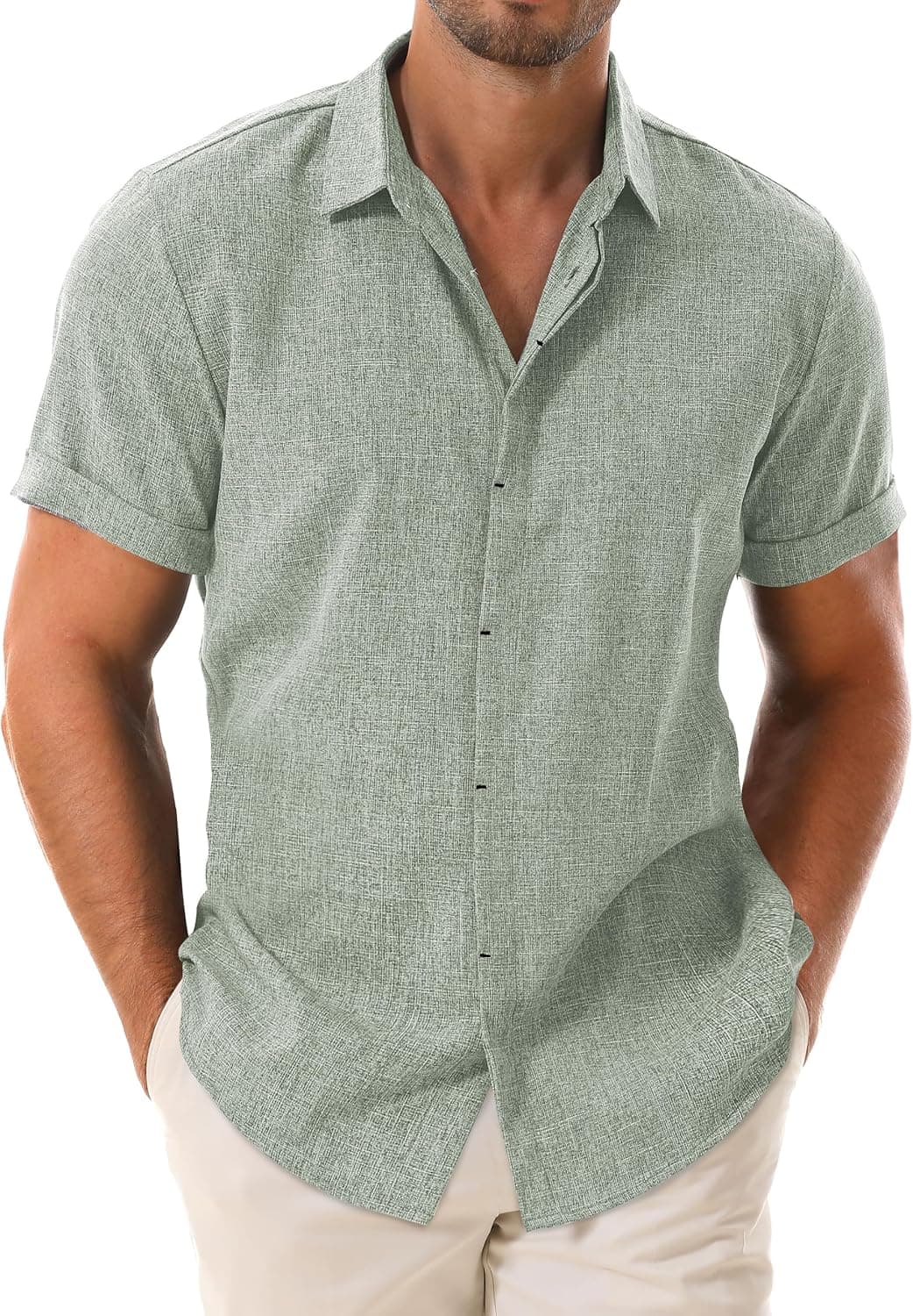 Men's Linen Short Sleeve Button Down Casual Beach Shirts
