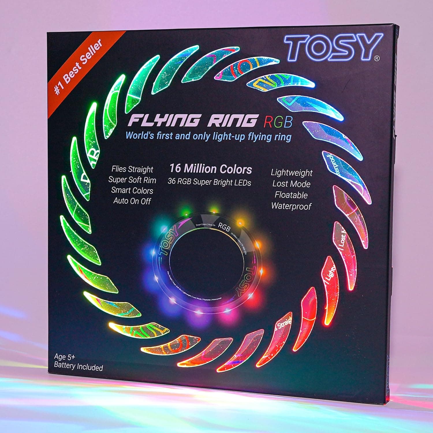 TOSY Flying Ring - 36 RGB Multicolor or 12 Monocolor LEDs, Super Bright, Lost Mode, Auto Light Up, Camping Essentials for Kid/Teen/Boy/Girl, Safe & Soft, Waterproof, Pool/Beach Games, Lightweight Toy