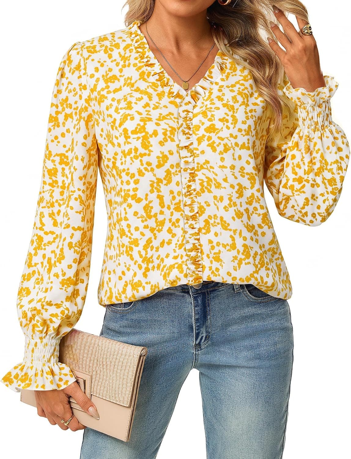 GRACE KARIN Womens Long Sleeve Boho Tops Ruffle Work Blouses Chiffon Shirts
