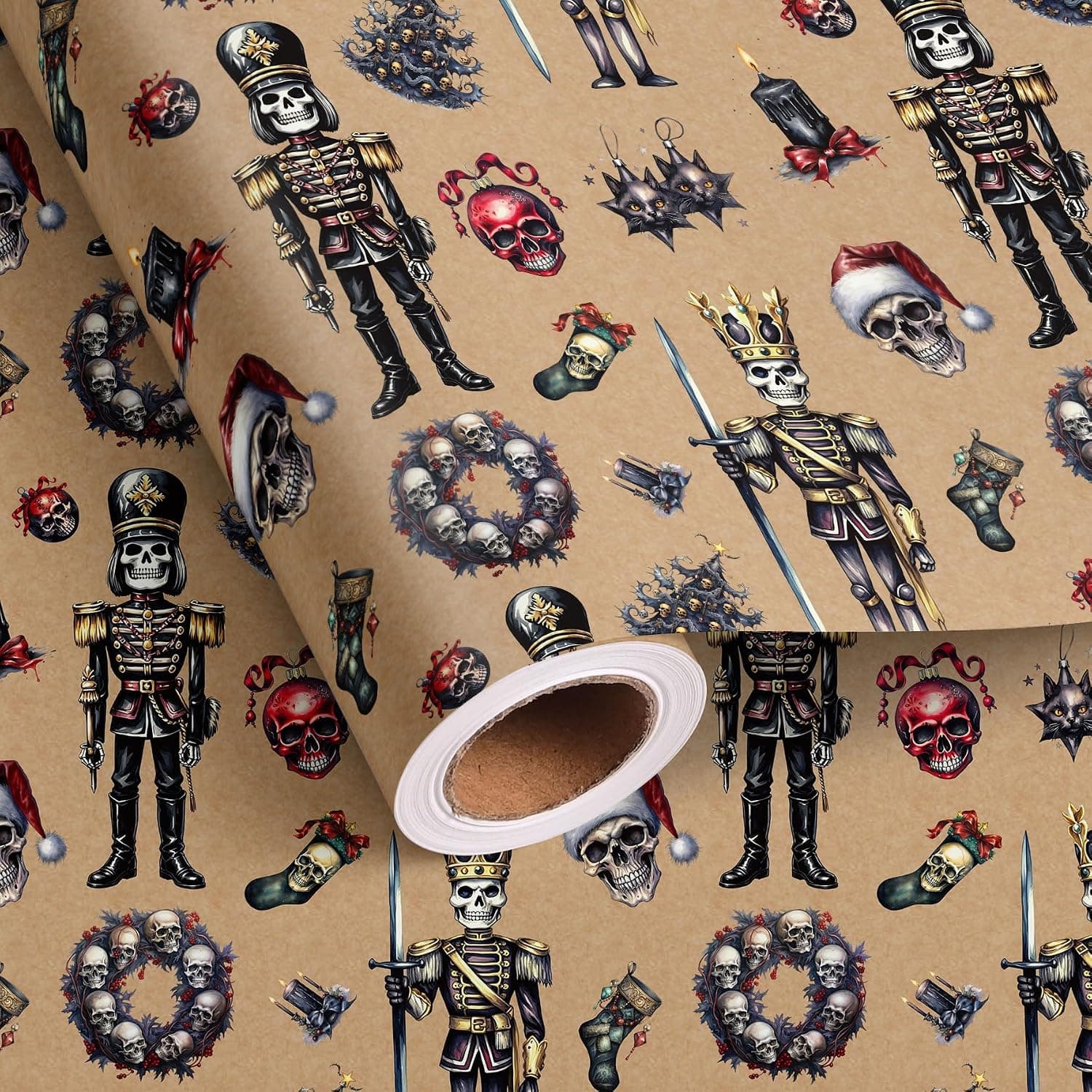Vnaaem Gothic Christmas Wrapping Paper Roll for Boys Girls - Brown Gothic Nutcracker, Xmas Skeleton, Wreath Design Gift Wrap for Birthday Winter Holiday Party(Total 28.5 sq.ft)